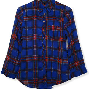 Paper Moon Blue Checkered Button Down Blouse Size S